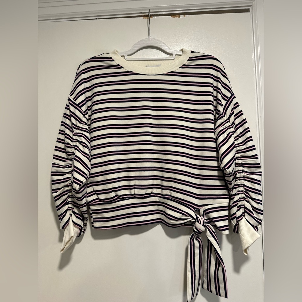NWOT Kensie Womens Sz:S striped‎ tie-waist ruched sleeve Pullover sweatshirt.